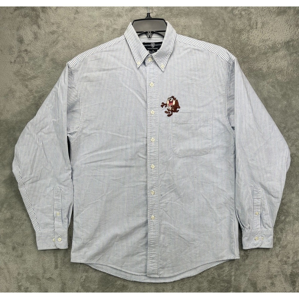 VTG‎ Warner Bros Men's Oxford Shirt Sz M Blue White Striped Taz Embroidered 1995